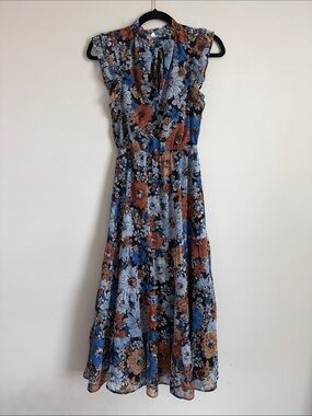 Steve Madden Blue Floral Bohemian Cottagecore Ruffle Maxi Dress Women's XS